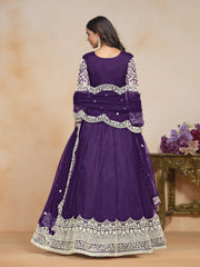Purple Net Embroidered Anarkali Kurti With Pant Dupatta