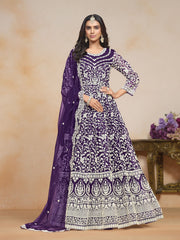 Purple Net Embroidered Anarkali Kurti With Pant Dupatta