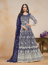 Anarkali Kurti brodé en filet bleu avec pantalon Dupatta