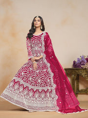 Pink Net Embroidered Anarkali Kurti With Pant Dupatta