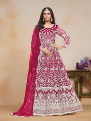 Pink Net Embroidered Anarkali Kurti With Pant Dupatta