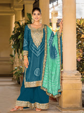Sarcelle Chinon Bandhani Kurti brodé avec Sharara Dupatta
