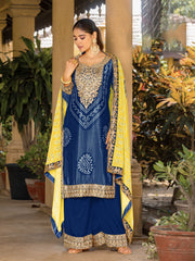 Blue Chinon Bandhani Embroidered Kurti Sharara Dupatta