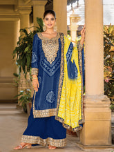 Chinon bleu Bandhani brodé Kurti Sharara Dupatta