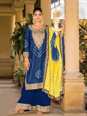 Blue Chinon Bandhani Embroidered Kurti Sharara Dupatta