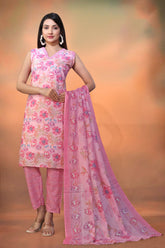 Pink Cambric Cotton Foil Printed Kurti With Pant Dupatta