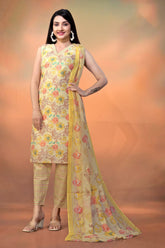 Yellow Cambric Cotton Foil Printed Kurti With Pant Dupatta