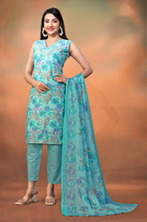 Blue Cambric Cotton Foil Printed Kurti With Pant Dupatta