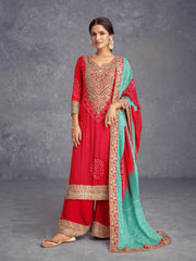 Chinon Bandhani rouge Kurti brodé avec Sharara Dupatta