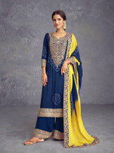 Chinon Bandhani bleu Kurti brodé avec Sharara Dupatta