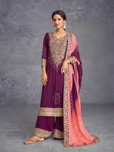 Chinon Bandhani violet Kurti brodé avec Sharara Dupatta