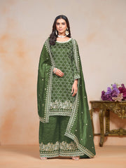 Green Gold Crush Embroidered Kurti With Bottom Dupatta