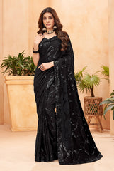 Sari brodé en fausse georgette noire à paillettes