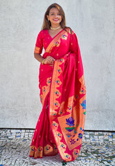 Sari Meenakari tissé en soie Paithani rouge