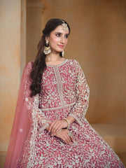 Pink Net Embroidered Anarkali Kurti With Bottom Dupatta