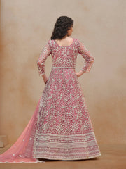 Pink Net Embroidered Anarkali Kurti With Bottom Dupatta