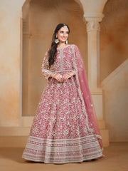 Pink Net Embroidered Anarkali Kurti With Bottom Dupatta