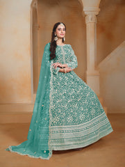 Sea Green Net Embroidered Anarkali Kurti With Bottom Dupatta