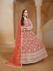 Orange Net Embroidered Anarkali Kurti With Bottom Dupatta