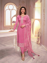 Pink Silk Georgette Embroidered Salwar Suit With Pant Dupatta