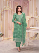 Green Silk Georgette Embroidered Salwar Suit With Pant Dupatta