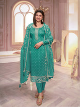 Teal Green Silk Georgette Embroidered Salwar Suit With Pant Dupatta