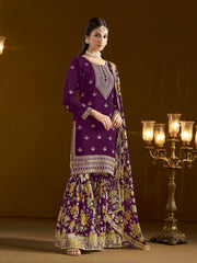 Magenta Chinon Embroidered Salwar Suit With Sharara Dupatta