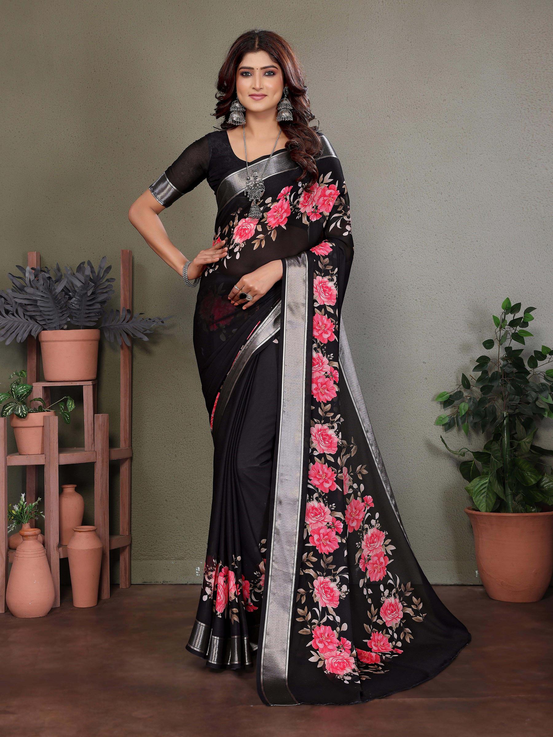 Black Dull Moss Floral Print Saree-BLCBTY1001
