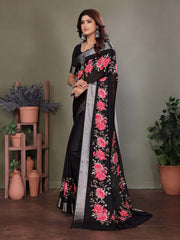 Black Dull Moss Floral Print Saree