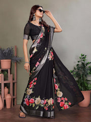 Black Dull Moss Floral Print Saree