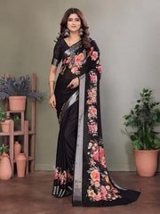 Black Dull Moss Floral Print Saree-BLCBTY1004