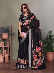 Black Dull Moss Floral Print Saree