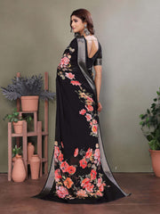 Black Dull Moss Floral Print Saree