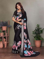 Black Dull Moss Floral Print Saree-BLCBTY1005