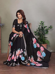 Black Dull Moss Floral Print Saree