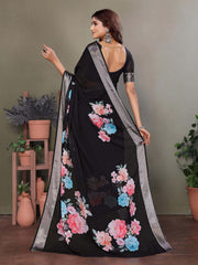 Black Dull Moss Floral Print Saree
