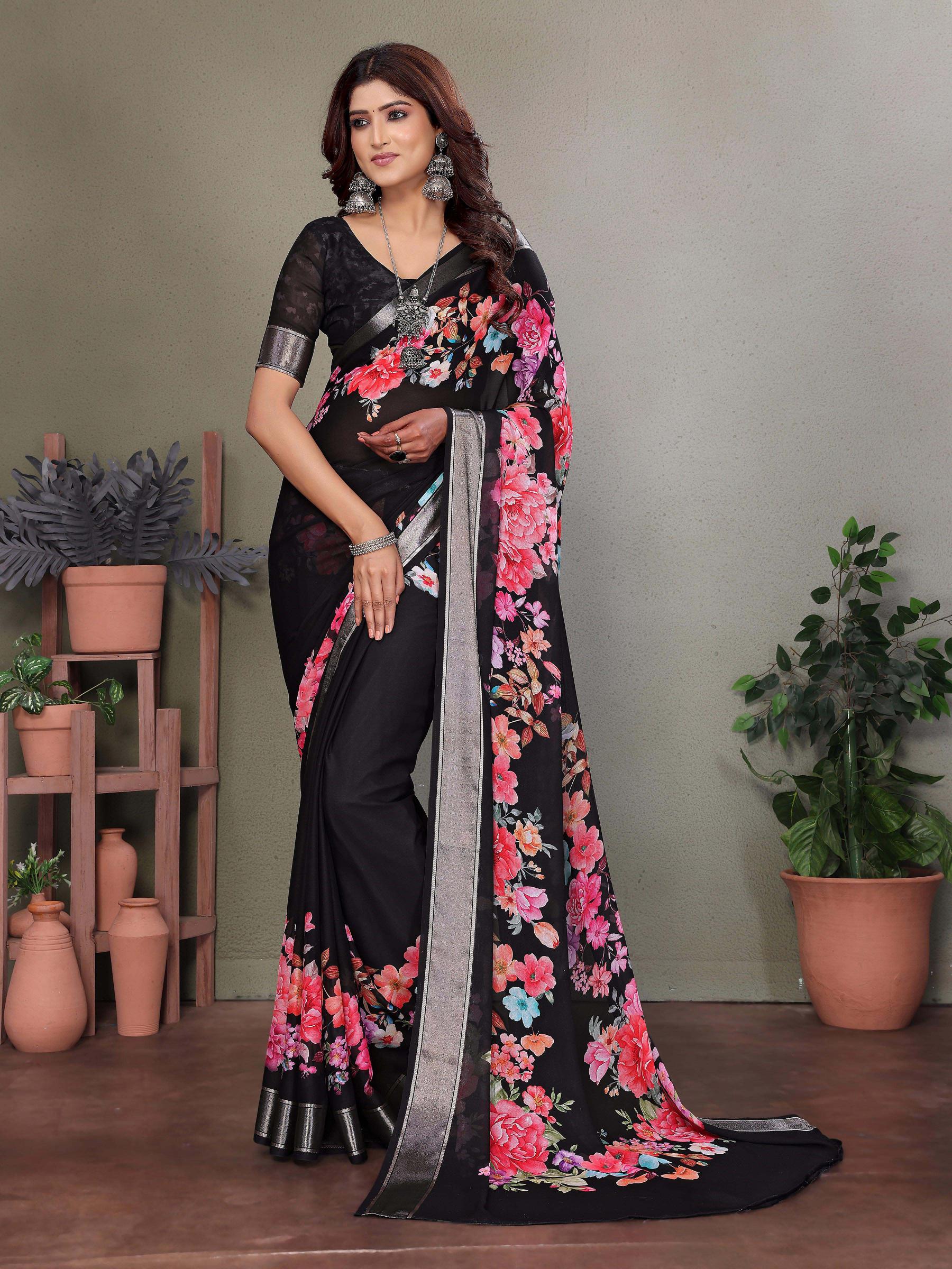 Black Dull Moss Floral Print Saree-BLCBTY1006