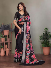 Black Dull Moss Floral Print Saree-BLCBTY1006
