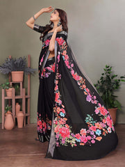 Black Dull Moss Floral Print Saree