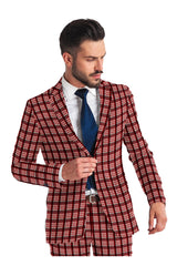 Veste de costume à deux boutons pour homme, rouge et rose, imprimé à carreaux, revers crantés, coupe slim, blazer élégant en rayonne éponge