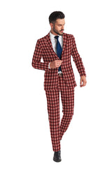 Veste de costume à deux boutons pour homme, rouge et rose, imprimé à carreaux, revers crantés, coupe slim, blazer élégant en rayonne éponge