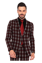 Veste de costume à deux boutons pour homme, coupe slim, imprimé carreaux, revers crantés, blazer élégant en rayonne éponge, bordeaux foncé
