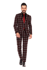 Veste de costume à deux boutons pour homme, coupe slim, imprimé carreaux, revers crantés, blazer élégant en rayonne éponge, bordeaux foncé