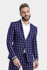 Veste de costume à deux boutons pour homme, bleu, imprimé à carreaux, revers crantés, coupe slim, blazer élégant en rayonne éponge