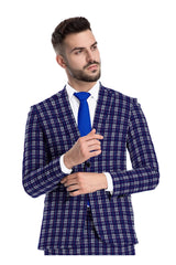 Veste de costume à deux boutons pour homme, bleu, imprimé à carreaux, revers crantés, coupe slim, blazer élégant en rayonne éponge