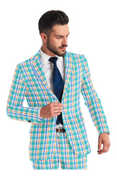 Veste de costume à deux boutons bleu ciel pour homme, imprimé à carreaux, revers crantés, coupe slim, blazer élégant en rayonne éponge