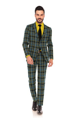 Veste de costume à deux boutons pour homme, vert minéral, imprimé à carreaux, revers crantés, coupe slim, blazer élégant en rayonne éponge