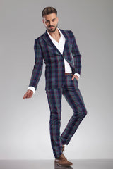 Veste de costume à deux boutons pour homme Nile Blue, imprimé à carreaux, revers crantés, coupe slim, blazer élégant en rayonne éponge