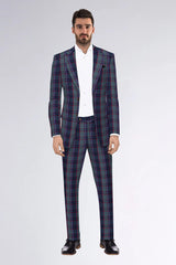 Veste de costume à deux boutons pour homme Nile Blue, imprimé à carreaux, revers crantés, coupe slim, blazer élégant en rayonne éponge