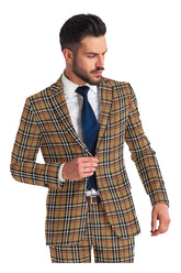 Veste de costume à deux boutons pour homme, beige foncé, imprimé à carreaux, revers crantés, coupe slim, blazer élégant en rayonne éponge
